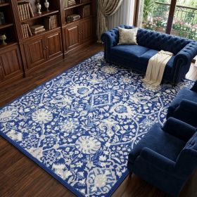 6' X 9' Blue And Ivory Floral Area Rug