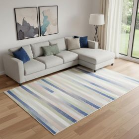 6' X 9' Ivory Blue And Green Striped Distressed Area Rug