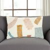12" X 20" Beige Blue and Ivory Geometric Cotton Throw Pillow With Textured Appliques