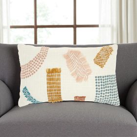 12" X 20" Beige Blue and Ivory Geometric Cotton Throw Pillow With Textured Appliques