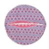 32" Pink and White Round Geometric Floor Pillow Cover With Pompoms
