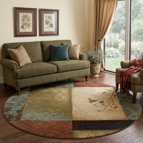 8â€™ Round Beige And Brown Floral Block Pattern Area Rug