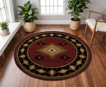 8â€™ Round Red And Beige Ikat Pattern Area Rug