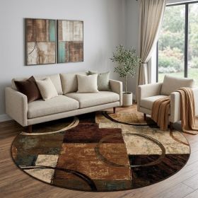 8â€™ Round Brown And Black Abstract Geometric Area Rug
