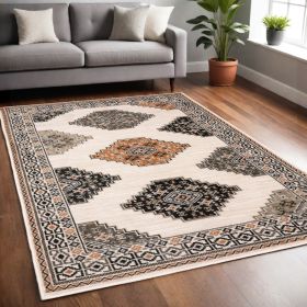 5' X 7' Ivory Gray And Orange Geometric Distressed Area Rug