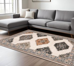 8' X 10' Ivory Orange And Gray Geometric Distressed Area Rug