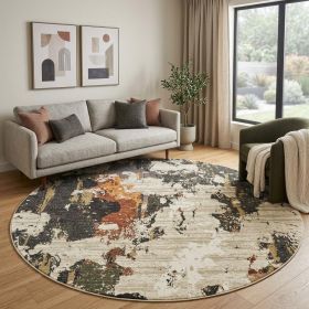 8' Beige and Black Round Power Loom Area Rug