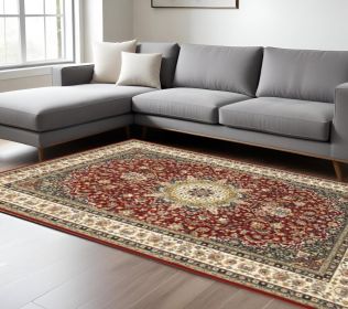 8' X 11' Red And Ivory Floral Medallion Area Rug