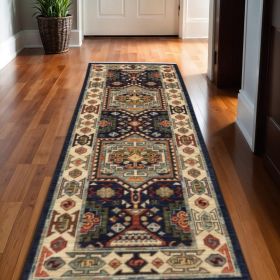 12' Blue And Ivory Wool Handmade Runner Rug