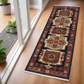 6' Blue And Red Wool Handmade Runner Rug
