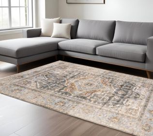8' X 11' Gray And Blue Medallion Distressed Area Rug