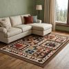7' X 9' Brown And Red Ikat Patchwork Area Rug