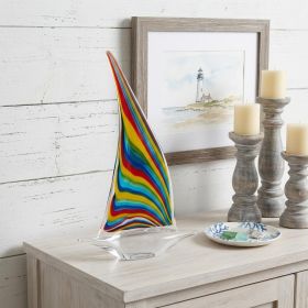 14" Clear Red Blue Yellow Murano Glass Sailboat Tabletop Sculpture