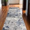 10' Blue and Ivory Geometric Cobblestone Runner Rug