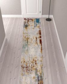 13' Beige And Gold Abstract Shag Runner Rug