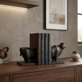 Set of Two 7" Black Fabric Bull Decorative Bookends