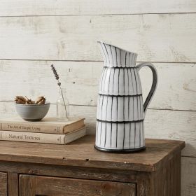 13" Black And White Ceramic Cylinder Jug Vase With Sculptural Details