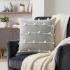 20" Gray and White Striped Linen Throw Pillow Cover With Embroidery and Pom Poms