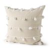 20" Cream And White Striped Canvas Throw Pillow Cover with Embroidery And Pompoms
