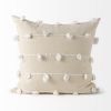 20" Cream And White Striped Canvas Throw Pillow Cover with Embroidery And Pompoms