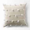 20" Cream And White Striped Canvas Throw Pillow Cover with Embroidery And Pompoms