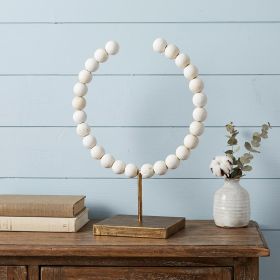16" White and Gold Wood and Metal Abstract Beaded Tabletop Sculpture