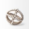 9" White And Gold Wooden Bead And Metal Orb Sculpture