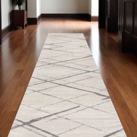 15' Gray And Ivory Geometric Runner Rug