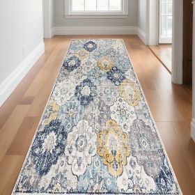 20' Blue And Yellow Floral Runner Rug