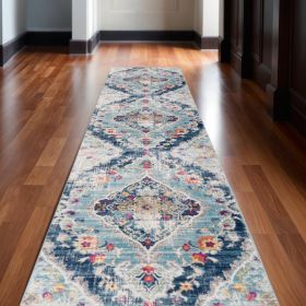 13' Blue and Ivory Medallion Distressed Runner Rug