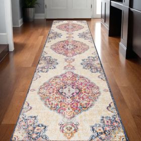 20' Blue And Beige Medallion Runner Rug