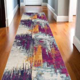 20' Gray Ivory And Magenta Abstract Runner Rug