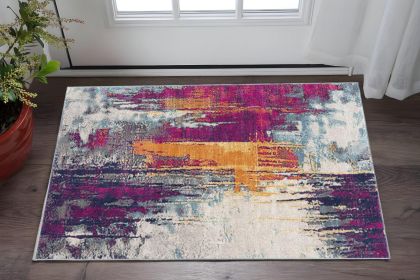 2' X 5' Gray Ivory And Magenta Abstract Area Rug
