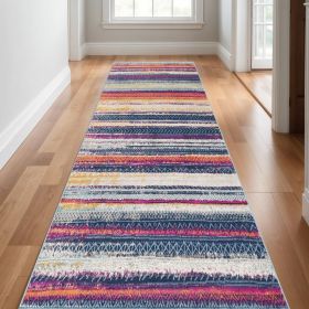 10' Blue And Ivory Striped Runner Rug