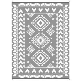 Reversible Outdoor Rug, Waterproof Plastic Straw With Carry Bag, 9 X 12, Gray & White Rhombus Patchwork