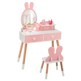 2-in-1 Kids Vanity Table Set With Detachable Mirror, Pink Dressing Table With Storage Shelf & Drawers For Girls