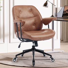Home Office Desk Chair Retro Faux Leather Chair with Lumbar Support &Rubber Wheels, Mid Back Ergonomic Computer Chair Swivel Rolling Work Chair
