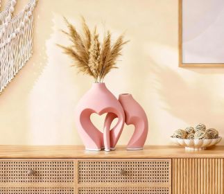 Pink Heart Shaped Ceramic Vases Set of 2, Modern Nordic Minimalist Flower Vases for Home Decor, Hollow Aesthetic Vases for Living Room, Shelf, Table