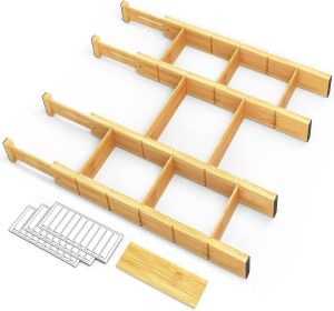 Bamboo Drawer Dividers with Inserts and Labels, Kitchen Adjustable Drawer Organizers, Expandable Organization for Home, Office, Dressers