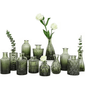 12pcs Green Glass Bud Vases Set, Small Vases for Flowers, Bud Vase for Centerpieces in Bulk, Mini Vintage Vase for Wedding Decorations