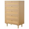 5 Drawer Rattan Dresser, Modern Closet Dresser for Bedroom, Natural Rattan Chest of Drawers with Metal Handles & Wooden Legs