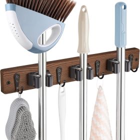 Mop Broom Holder Wall Mount with 3 Slots & 4 Hooks - Wood Broom Mop Hanger for Pantry Kitchen Organization - Garden Tool Organizer for Closet Laundry