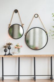 19.5" in Handsome Cleveland Mirror with Rope Strap Contemporary Design Circle Mirror with Round Metal Frame for Wall Decor Bathroom, Entryway