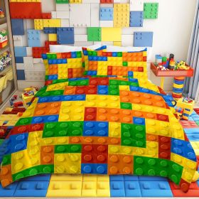 3 Piece Funny Toy Comforter Set with Pillow Shams Colorful Building Blocks Bedding Set with 3D Printed Designs Reversible Comforter Full Size Bedding