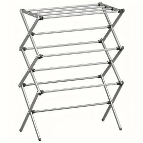 Foldable Adjustable Metal Clothes Drying Rack with Hooks and Shelves, Freestanding Indoor/Outdoor Space-Saving Laundry Organizer