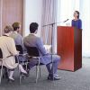 Podium Stand, 47 inch Hostess Stand with 4 Rolling Wheels, Wood Podium with Storage Shelves and Slant Desktop, Lecterns & Podiums for Home, Office