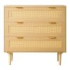 3 Drawer Rattan Dresser, Modern Closet Dresser for Bedroom, Natural Rattan Chest of Drawers with Metal Handles & Wooden Legs