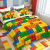 3 Piece Funny Toy Comforter Set with Pillow Shams Colorful Building Blocks Bedding Set with 3D Printed Designs Reversible Comforter Full Size Bedding