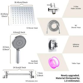 12-inch High-flow Square-shaped Design Shower Head Set, Water-saving High-pressure Rain Head For Smooth Flow, 11-inch Adjustable Arm For Comfort, Thre (Option: Exquisitesilver)
