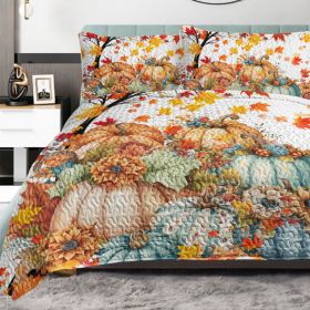 3 Pieces Colorful Oil Painting Pumpkin Pattern Quilt Set Twin Full Queen King Size For All Seasons Flower Fall Leaves Bedding Set With 2 Pillowcases F (Option: King-Orange)
